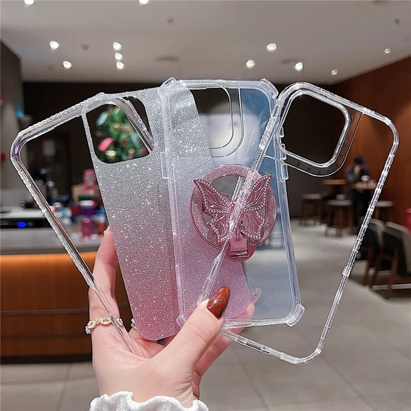 For iPhone 16 Pro Max Magnetic Case Butterfly Kickstand TPU + PC Glitter Phone Cover with Mirror - Purple