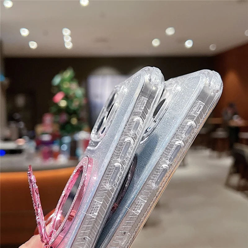 For iPhone 16 Pro Max Magnetic Case Butterfly Kickstand TPU + PC Glitter Phone Cover with Mirror - Purple