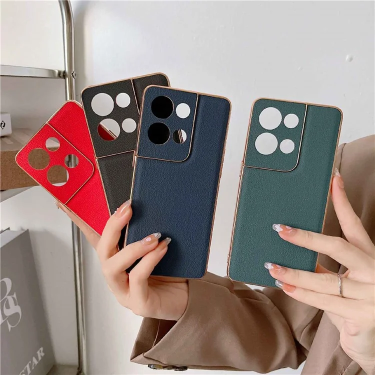 Per Oppo Reno8 Pro 5G (Versione Globale) / Reno8 Pro+ (Cina) 5G Custodia in Vera Pelle Telefonica Morbida TPU Telaio Elettroplaccato PC Duro Ibrido Custodia Protettiva - Blu