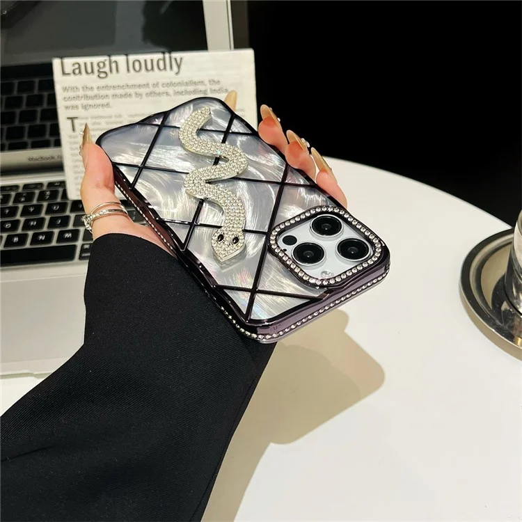 Für iPhone 15 Pro Max Hülle Snake Rhinestones Dekor TPU Handyhülle mit Glanz-Kartenpapier Rhombisches Muster - Lila