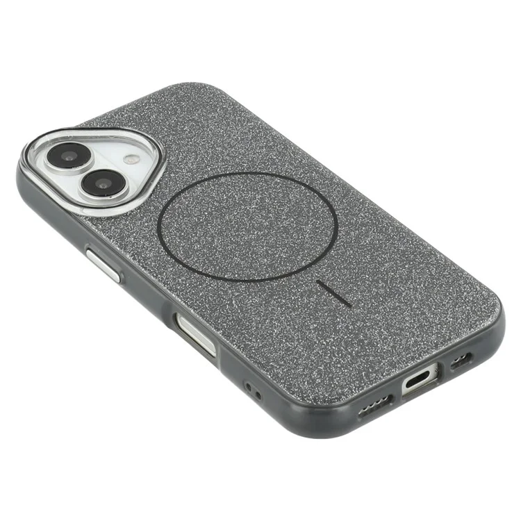 For iPhone 16 Case Compatible with MagSafe Glitter Design IMD TPU + PC Phone Back Cover - Black