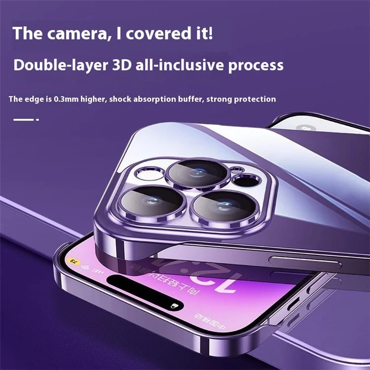 Custodia per iPhone 16 Pro Max senza bordi, placcata, ultra sottile in PC con pellicola in vetro per obiettivo - Viola scuro