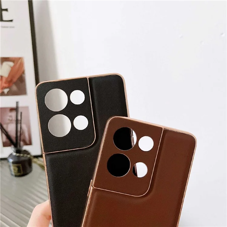 Para Oppo Reno8 5G / Reno8 5G (Versión Global) / 4G Funda de teléfono de cuero genuino con electrochapado, funda rígida de PC y suave TPU, anti-arañazos, cubierta posterior - Café