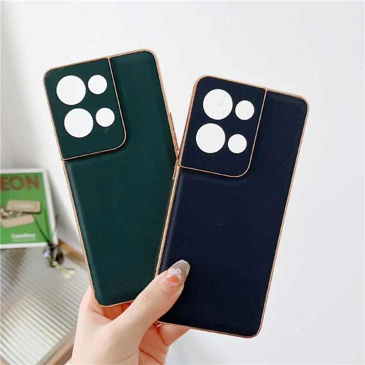 Para Oppo Reno8 5G / Reno8 5G (Versión Global) / 4G Funda de teléfono de cuero genuino con electrochapado, funda rígida de PC y suave TPU, anti-arañazos, cubierta posterior - Café