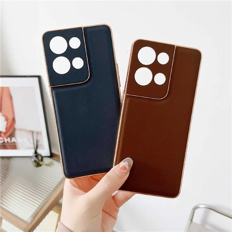 Para Oppo Reno8 5G / Reno8 5G (Versión Global) / 4G Funda de teléfono de cuero genuino con electrochapado, funda rígida de PC y suave TPU, anti-arañazos, cubierta posterior - Café