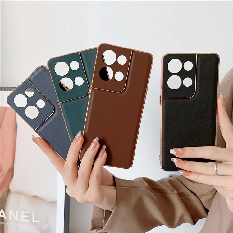 Para Oppo Reno8 5G / Reno8 5G (Versión Global) / 4G Funda de teléfono de cuero genuino con electrochapado, funda rígida de PC y suave TPU, anti-arañazos, cubierta posterior - Café