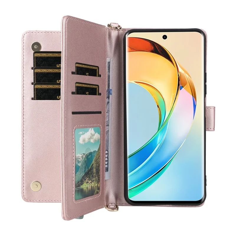 For Honor X9c Smart 5G / X60 5G Wallet Case with Shoulder / Wrist Strap Leather Phone Cover Stand - Pink