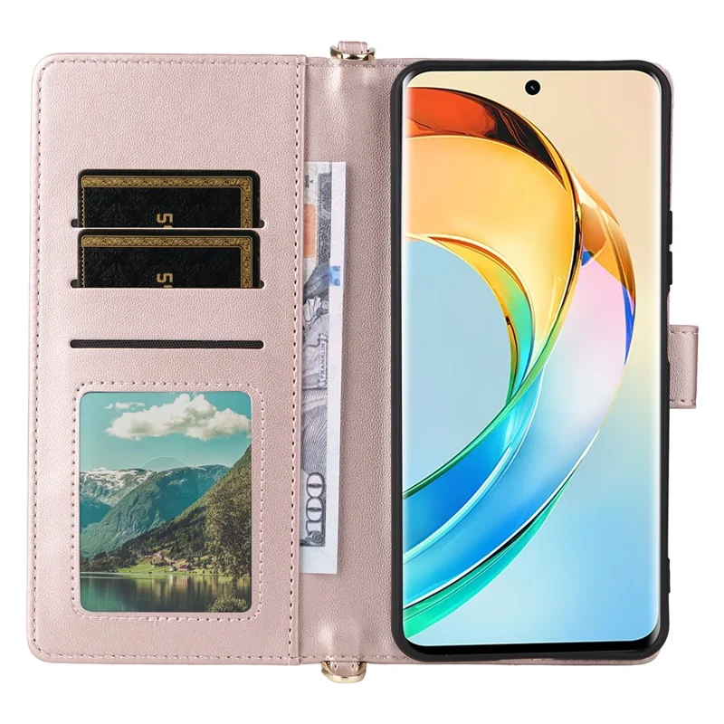 For Honor X9c Smart 5G / X60 5G Wallet Case with Shoulder / Wrist Strap Leather Phone Cover Stand - Pink
