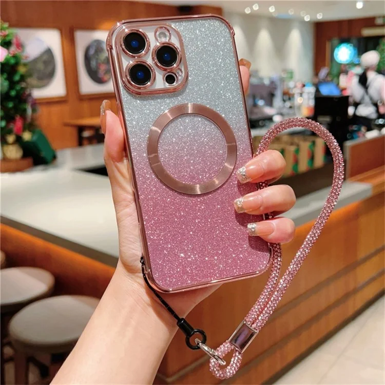 Custodia per iPhone 16 Pro Max compatibile con MagSafe, cover per telefono placcata in metallo con glitter sfumati e cordino - Rosa
