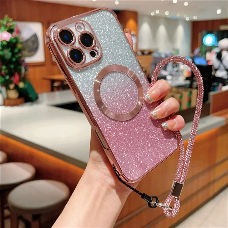 Custodia per iPhone 16 Pro Max compatibile con MagSafe, cover per telefono placcata in metallo con glitter sfumati e cordino - Rosa