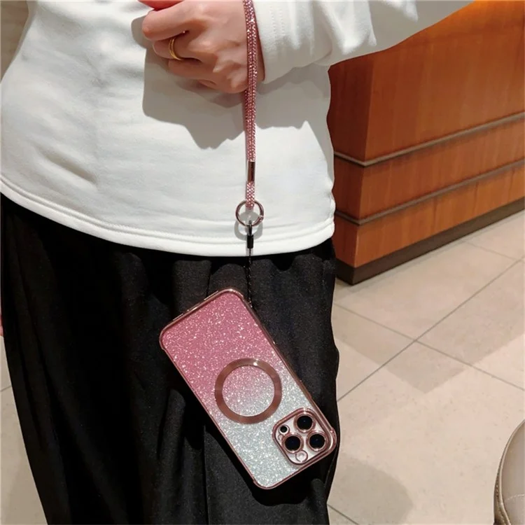 Custodia per iPhone 16 Pro Max compatibile con MagSafe, cover per telefono placcata in metallo con glitter sfumati e cordino - Rosa