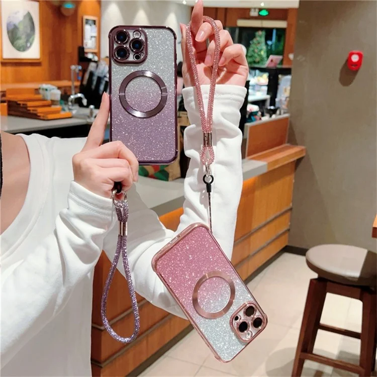 Custodia per iPhone 16 Pro Max compatibile con MagSafe, cover per telefono placcata in metallo con glitter sfumati e cordino - Rosa