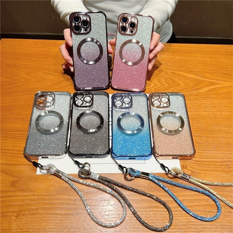 Custodia per iPhone 16 Pro Max compatibile con MagSafe, cover per telefono placcata in metallo con glitter sfumati e cordino - Rosa