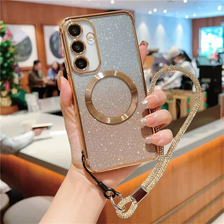 Custodia per Samsung Galaxy S25 compatibile con MagSafe, cover telefonica con glitter elettroplaccato sfumato e cordino - Oro