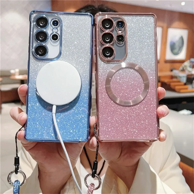 Custodia per Samsung Galaxy S25 compatibile con MagSafe, cover telefonica con glitter elettroplaccato sfumato e cordino - Oro