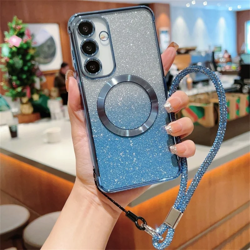 Für Samsung Galaxy S25 Hülle kompatibel mit MagSafe Elektroplattierter Gradient Glitzer Handyhülle mit Schlüsselband - Blau