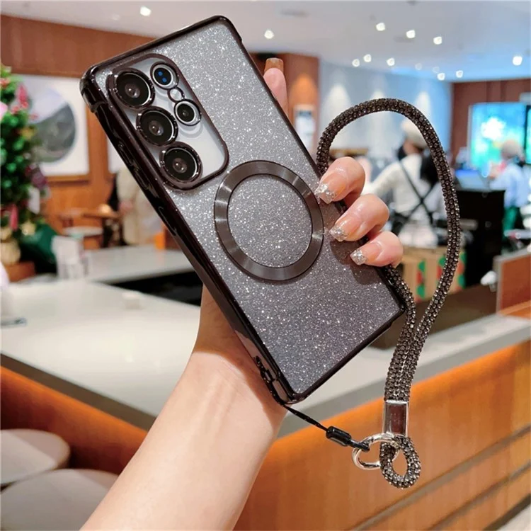 Für Samsung Galaxy S25 Ultra Hülle kompatibel mit MagSafe Elektroplattierter Gradienten-Glitzer-Handyhülle mit Schlüsselband - Schwarz