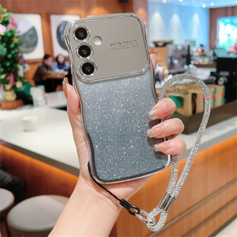 For Samsung Galaxy S25+ Case with Strap Gradient Glitter Electroplating TPU Phone Cover - Silver