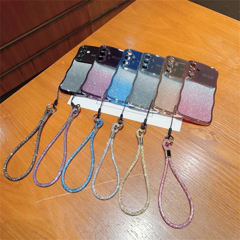 For Samsung Galaxy S25+ Case with Strap Gradient Glitter Electroplating TPU Phone Cover - Silver