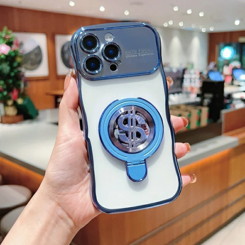 For iPhone 16 Pro Max Case TPU Clear Case Dollar Pattern Kickstand Phone Cover Wave Frame - Blue