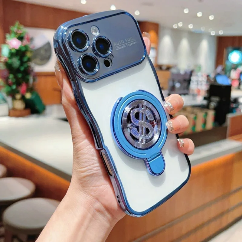 For iPhone 16 Pro Max Case TPU Clear Case Dollar Pattern Kickstand Phone Cover Wave Frame - Blue