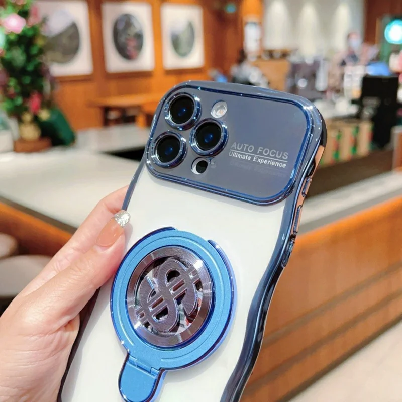 For iPhone 16 Pro Max Case TPU Clear Case Dollar Pattern Kickstand Phone Cover Wave Frame - Blue
