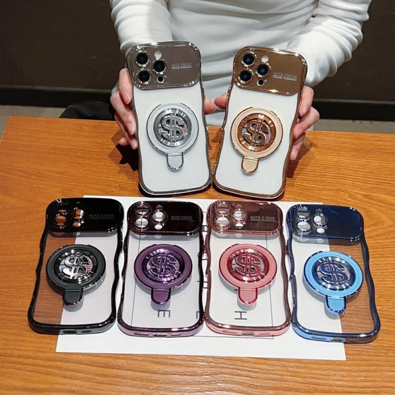 For iPhone 16 Pro Max Case TPU Clear Case Dollar Pattern Kickstand Phone Cover Wave Frame - Blue