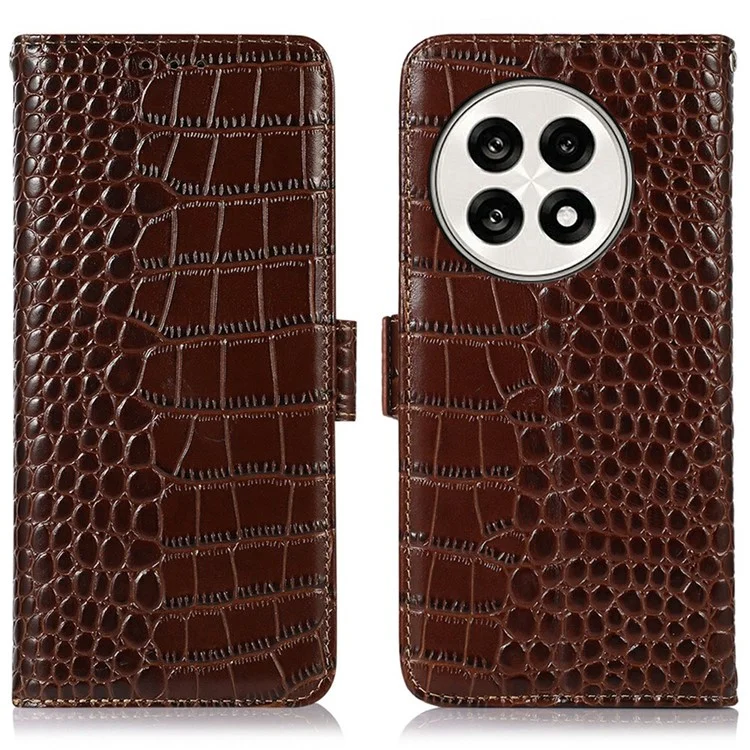Funda de teléfono de cuero genuino de vaca para OnePlus Ace 5 Pro 5G / Ace 5 5G / 13R 5G, con textura de cocodrilo, marrón