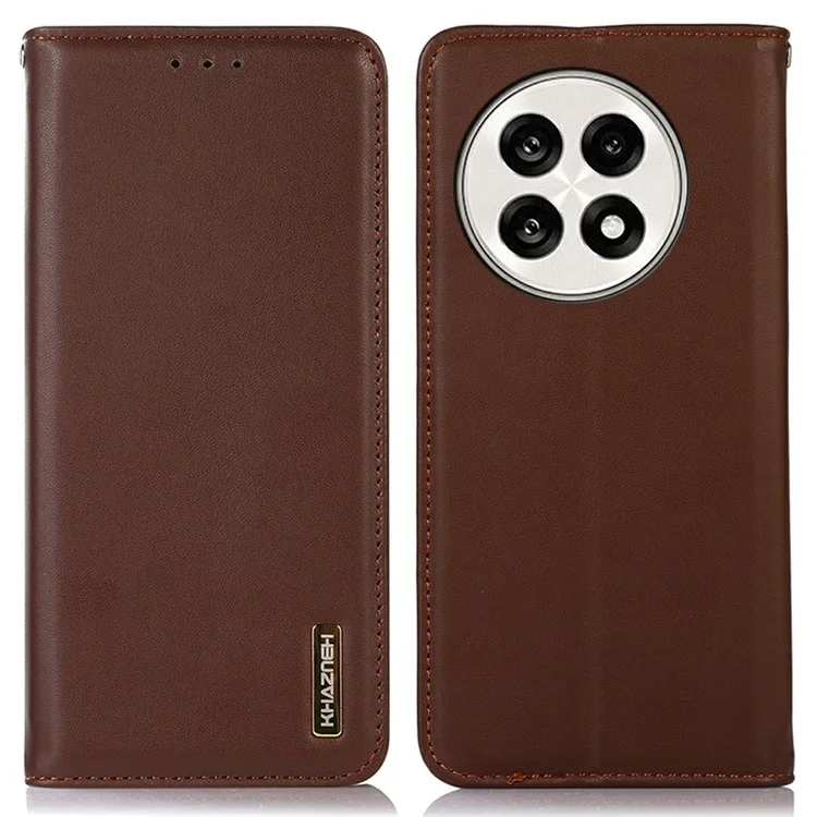 Capa de carteira de couro genuíno de vaca da KHAZNEH para OnePlus Ace 5 Pro 5G / Ace 5 5G / 13R 5G - Textura de napa - Marrom