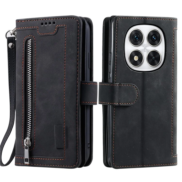 Capa de telefone para Xiaomi Redmi Note 14 Pro 5G / 14 Pro+ 5G Capa de couro com zíper carteira 9 slots para cartões - Preto
