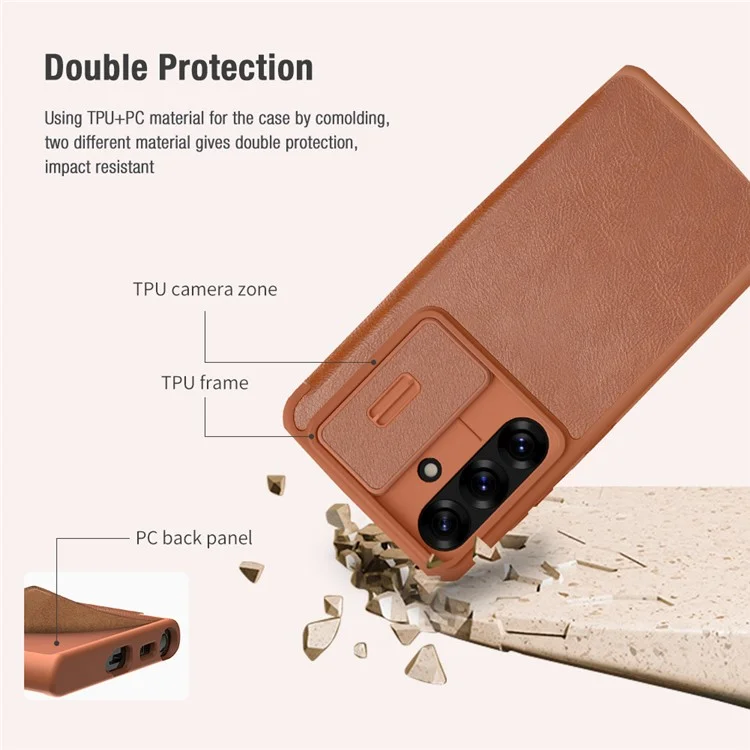 NILLKIN Qin Pro Series для чехла Samsung Galaxy S25+ с отделениями для карт Кожаный чехол для телефона - Коричневый
