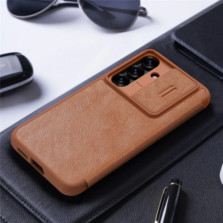 NILLKIN Qin Pro Series для чехла Samsung Galaxy S25+ с отделениями для карт Кожаный чехол для телефона - Коричневый