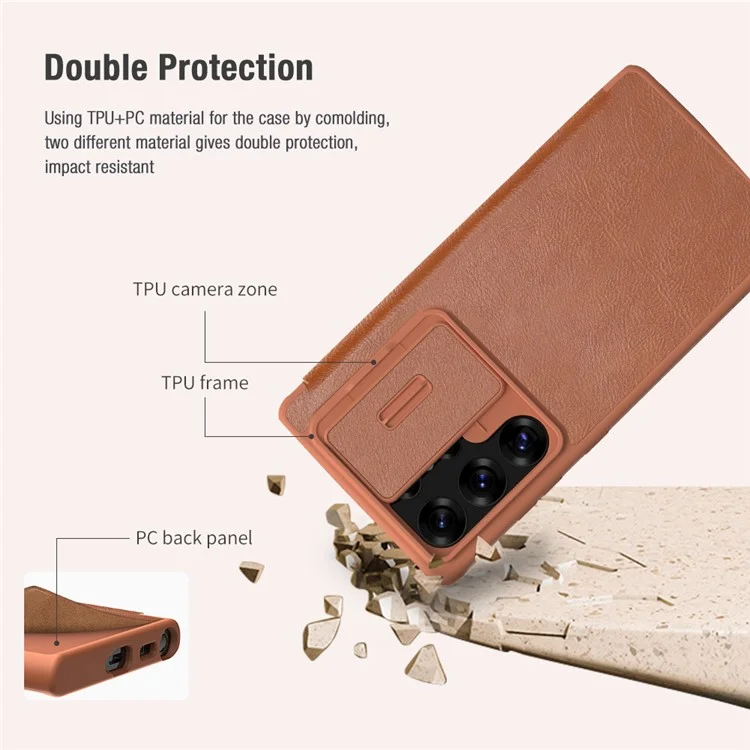 NILLKIN Qin Pro Series for Samsung Galaxy S25 Ultra Case with Card Slots Leather Phone Cover - Brown