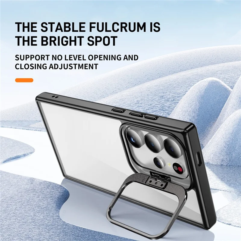 For Samsung Galaxy S25 Ultra Case Lens Frame Kickstand TPU + Acrylic Protective Phone Cover - Black