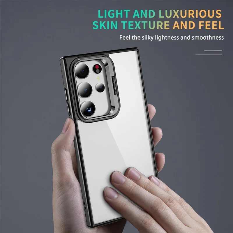 For Samsung Galaxy S25 Ultra Case Lens Frame Kickstand TPU + Acrylic Protective Phone Cover - Black