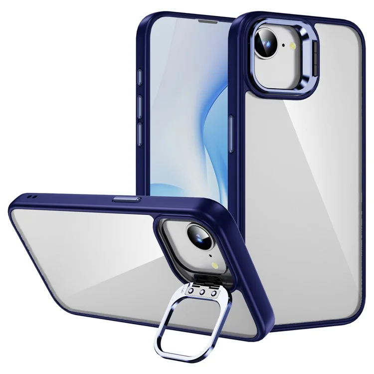 For iPhone 16e Case Lens Frame Kickstand TPU + Acrylic Protective Phone Cover - Sapphire