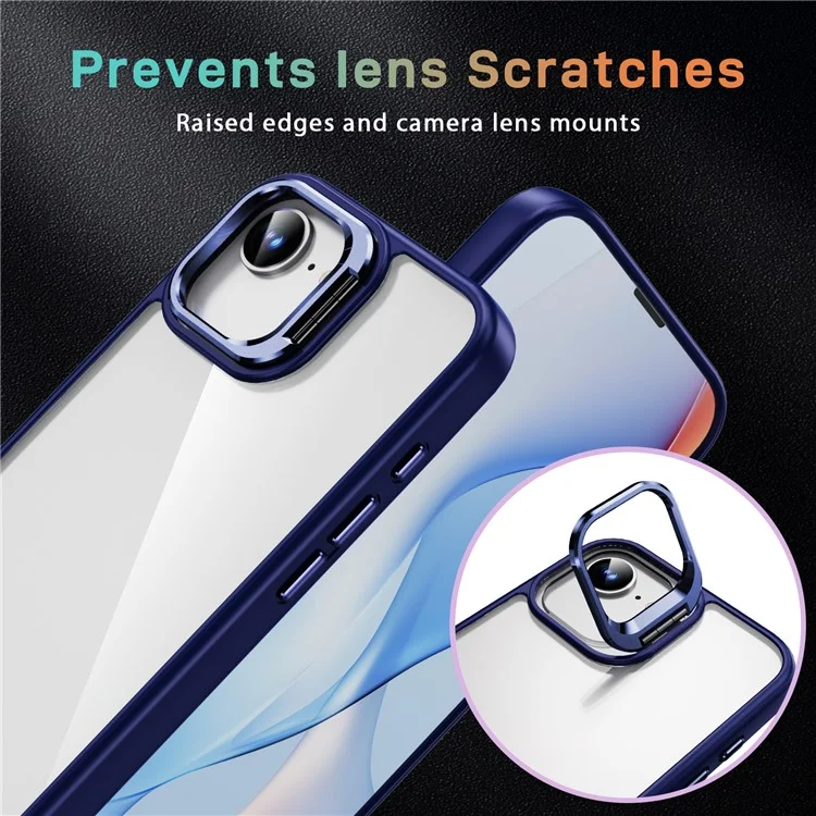 For iPhone 16e Case Lens Frame Kickstand TPU + Acrylic Protective Phone Cover - Sapphire