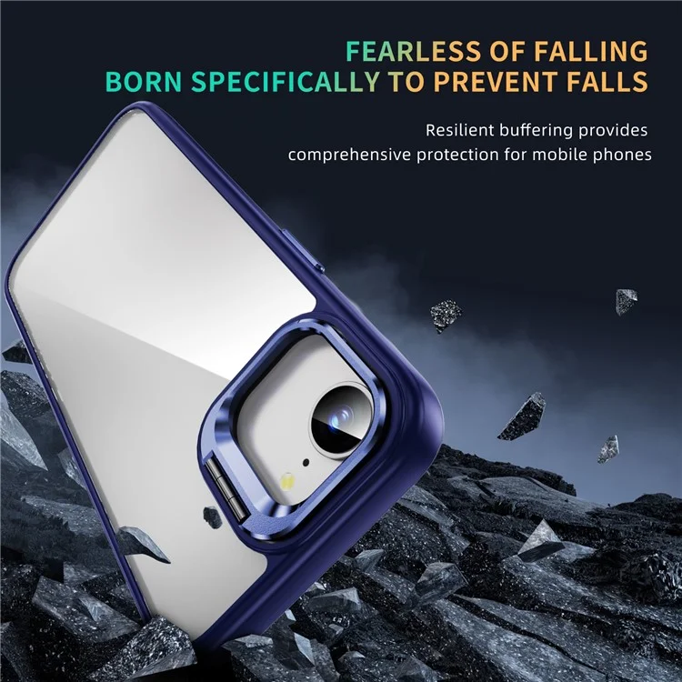 For iPhone 16e Case Lens Frame Kickstand TPU + Acrylic Protective Phone Cover - Sapphire