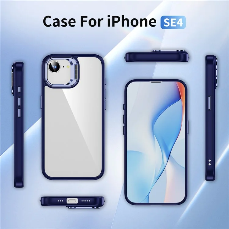For iPhone 16e Case Lens Frame Kickstand TPU + Acrylic Protective Phone Cover - Sapphire