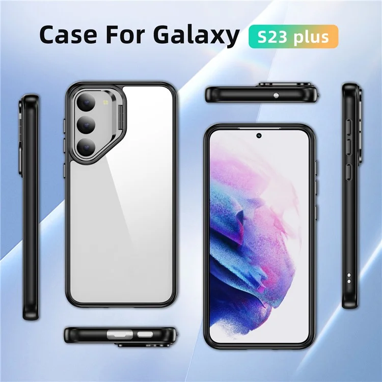 For Samsung Galaxy S23 Case Lens Frame Kickstand TPU + Acrylic Protective Phone Cover - Black