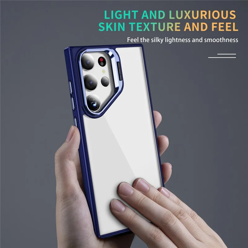 For Samsung Galaxy S23 Ultra Case Lens Frame Kickstand TPU + Acrylic Protective Phone Cover - Sapphire