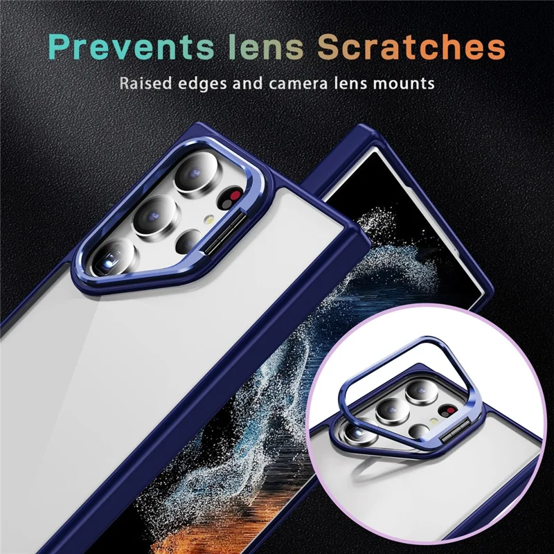 For Samsung Galaxy S23 Ultra Case Lens Frame Kickstand TPU + Acrylic Protective Phone Cover - Sapphire
