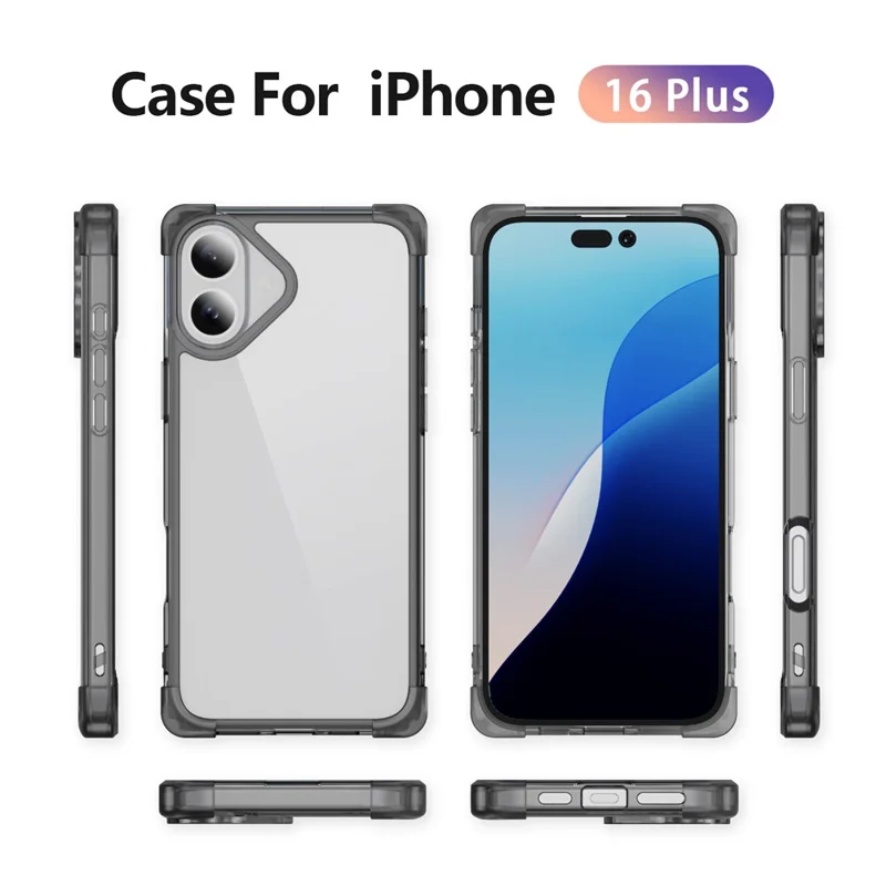 For iPhone 16 Plus Case Reinforced Corners TPU + Acrylic Clear Phone Back Cover - Transparent Black