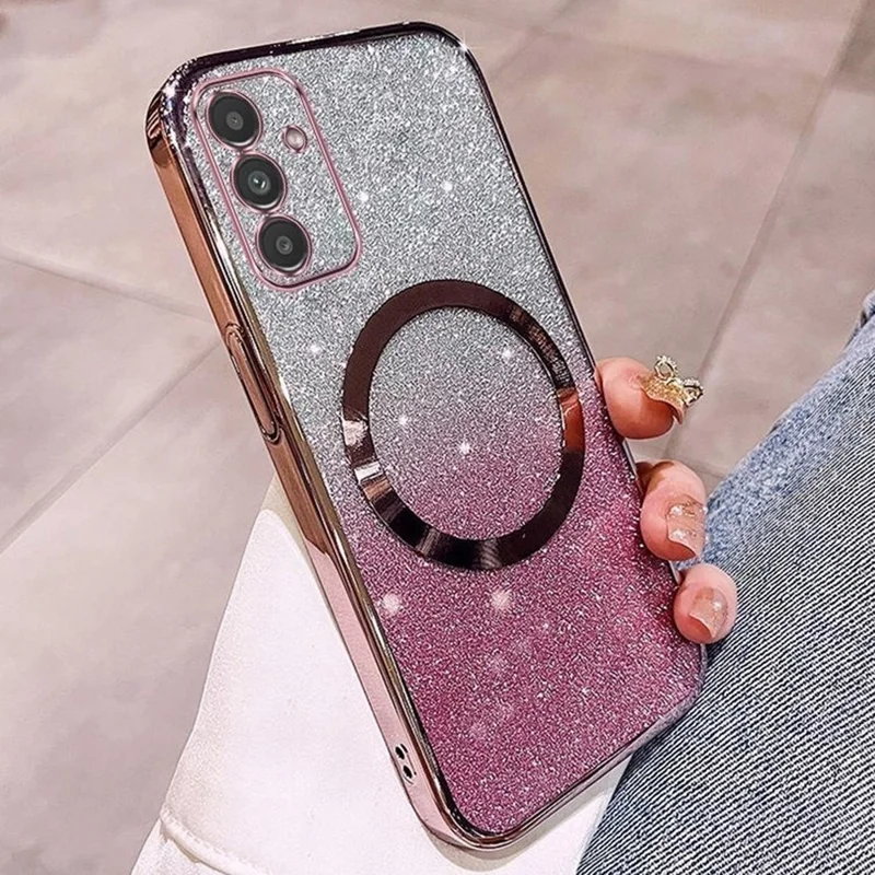For Samsung Galaxy A54 5G Magnetic Case Electroplated Gradient Glitter TPU Phone Cover - Rose Gold