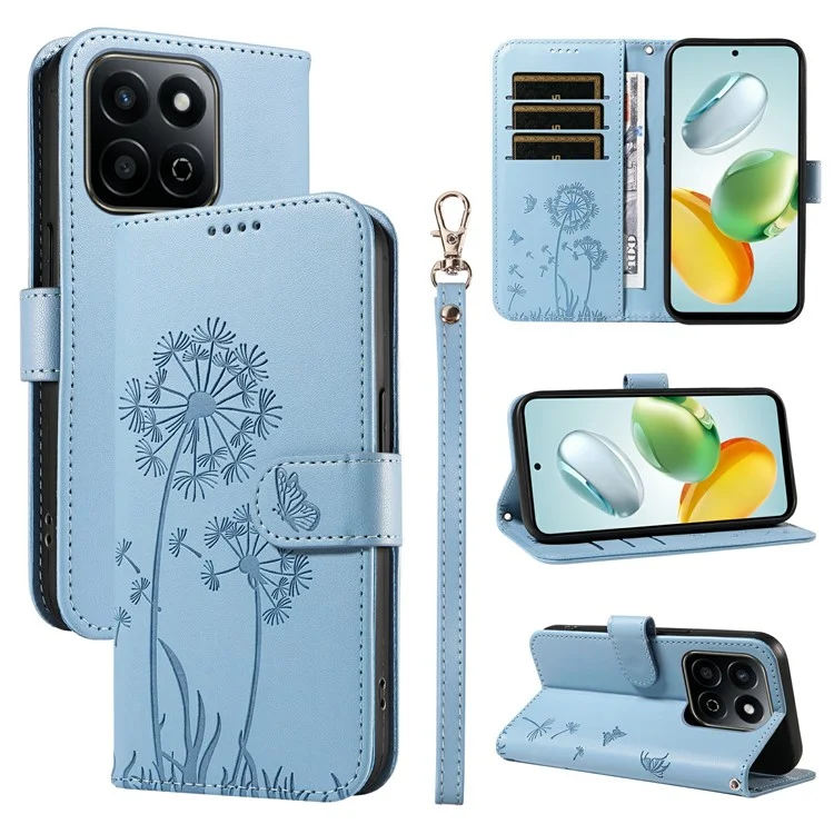 Leather Case for Honor Play 60 Plus 5G / 200 Smart 5G / Play 9T / X7c 4G Wallet Phone Cover Dandelion Imprint - Sky Blue