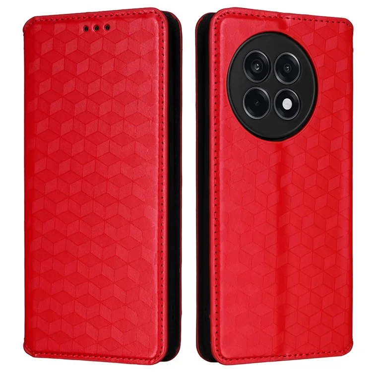 Étui portefeuille pour OnePlus Ace 5 5G / Ace 5 Pro 5G / 13R 5G, couverture en cuir avec motif en losange - Rouge