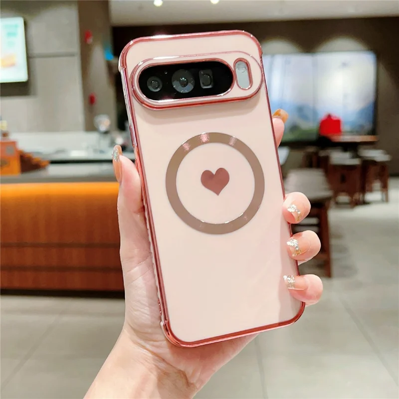 For Google Pixel 9 / 9 Pro Magnetic Case Electroplating Soft TPU Cover with Cute Love Heart - Rose Pink