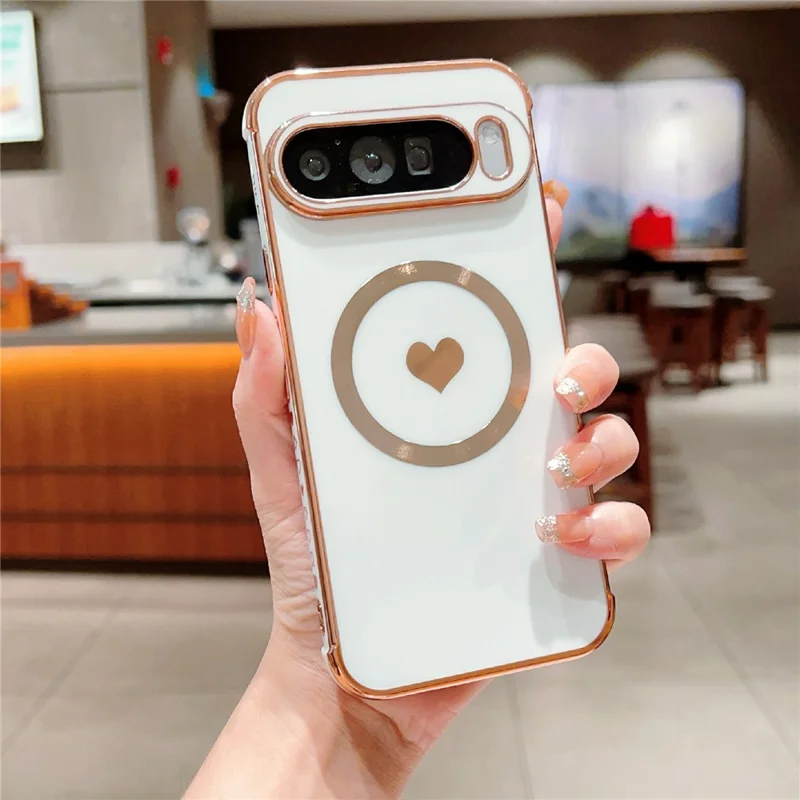 For Google Pixel 9 / 9 Pro Magnetic Case Electroplating Soft TPU Cover with Cute Love Heart - Ivory White