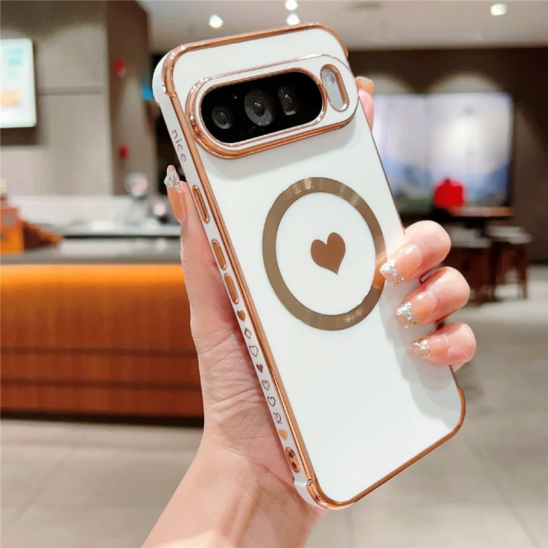 For Google Pixel 9 / 9 Pro Magnetic Case Electroplating Soft TPU Cover with Cute Love Heart - Ivory White