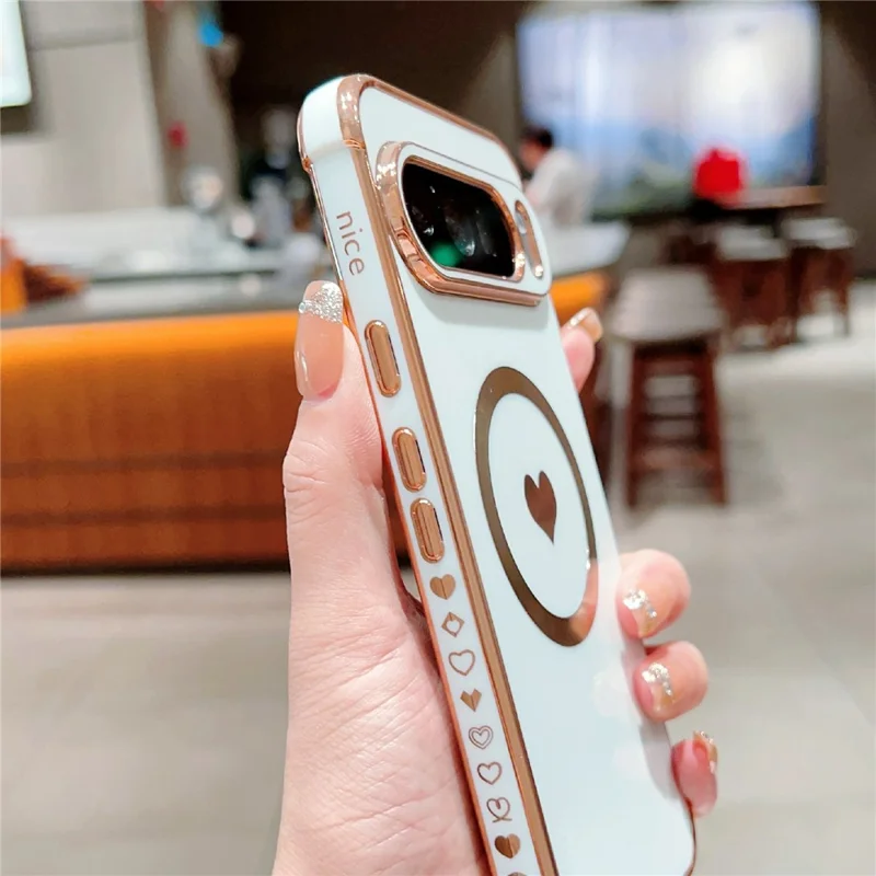 For Google Pixel 9 / 9 Pro Magnetic Case Electroplating Soft TPU Cover with Cute Love Heart - Ivory White